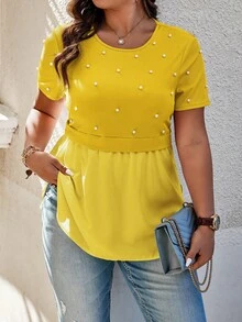 Elenzga Áo thun tay ngắn cổ tròn màu vàng đính ngọc trai cỡ lớn - Màu vàng - Xem 1