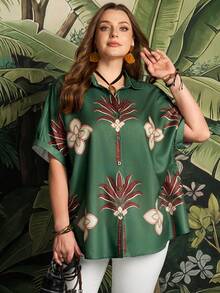 Rosumi 大尺碼深綠色熱帶印花前綁帶襯衫，夏季波西米亞度假風女款花卉上衣，荷葉邊休閒夏威夷沙灘上衣 - 彩色 - 查看 8