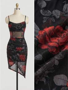 EastFlair 女士花卉印花垂坠修身中长吊带连衣裙 - 黑色 - 查看 7