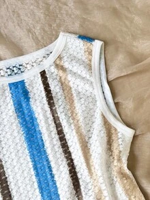 SHEIN Tween Girl Elegant Striped Round Neck Tank Top And Shorts Casual Set - White - View 3