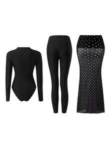 Swim Mulvari 复古黑色长袖防晒衣 + 波点薄纱罩裙套装 - 黑與白 - 查看 4