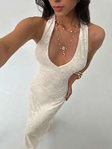 Aloruh White Flocked Elegant Backless Dress, Suitable For Valentine's Day And Wedding Season - Apricot - View 6