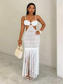 SHEIN BamGlam Đầm mùa hè gợi cảm màu trắng, chất liệu ren dệt họa tiết, dáng dài ngang gối, có bèo nhún ở gấu, thích hợp cho các bữa tiệc. Đầm ren, gấu bèo nhún, kiểu dáng gợi cảm, trang phục dự tiệc. Thích hợp cho kỳ nghỉ biển, có đính hạt cườm trên vai. - Màu be - Xem 7