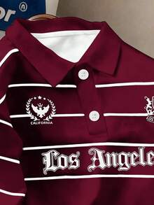 Manfinity Joysei Men's Casual Daily Commute & School Letter Striped Print Short Sleeve Polo Shirt, Summer - Red - View 3