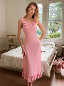 SHEIN Romantic Pink Ruffle Trim Round Neck Sleeveless Knit Dress For Women - Pink - View 8