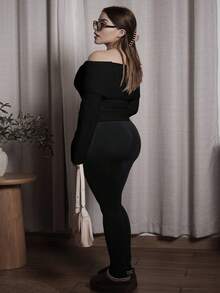 Lupita Cardoza Off Shoulder Foldover Ribbed Knit Sweater,Long Sleeve Tops Knit Pullover Fall Winter Outfit - Black - View 2