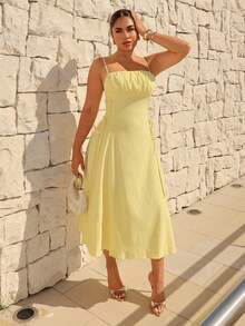 Maria Perezxox Sólido Busto Franzido Lado De Cadarço Vestido Cami - Amarelo - Ver 6