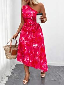 Breezaya Women's Elegant Oblique Shoulder Ombre Pleated RedOne Shoulder Summer Dress - Hot Pink - View 5