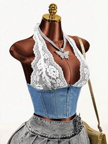 SHEIN Women's Contrast Lace Zip Front Halter Denim Blouse - Blue - View 6