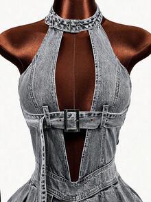 Mistrie Women's Sexy Hollow-Out Halter Neck Denim Dress With Eyelet Buckle Design - Black - View 5