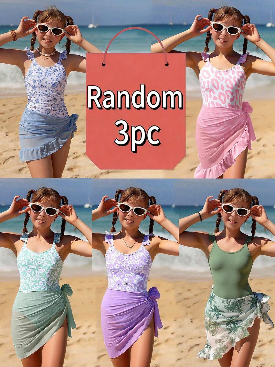 SHEIN Mädchen Badeanzug Mystery Box (geeignet für 8-12 Jahre), enthält 3 zufällige Stilprodukte, 5 Stile zur Auswahl - modisch, lässig, elegant, geeignet für Schwimmen, Sommerurlaub, Strand, Pool, Feierlichkeiten - Verschiedenfarbig - Übersicht 1