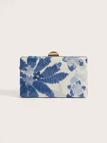 Enchnt Sac de soirée à fleurs brodé pailleté (motif aléatoire, pièce unique), sac à main élégant et raffiné pour femme avec chaîne métallique, convient pour les fêtes, les mariages, les bals de promo, l'Halloween, le carnaval. Sac bandoulière coloré. - Bleu azur - Voir 7