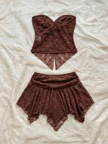 Soleia Bộ đồ 2 món gồm áo croptop xếp ly vạt lệch và chân váy ngắn, thời trang cho buổi hẹn hò. - Cà phê nâu - Xem 2