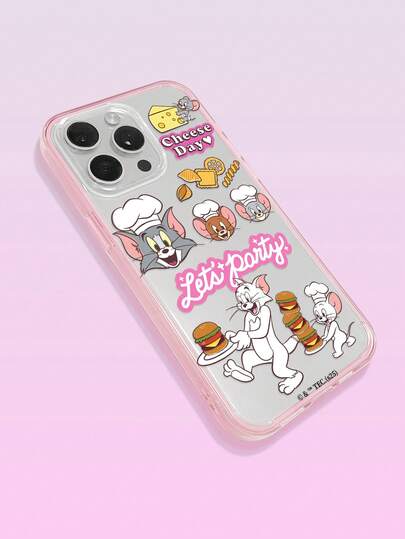 TOM & JERRY X SHEIN Tom und Jerry Party Handyhülle, weiche TPU Hülle mit rosa Stoßschutz, süßer Cartoon Essen Graffiti Muster, "Lass uns feiern" & "Käsetag" Design, Alltagsnutzung & Geburtstags-/Partygeschenk für Cartoon-Liebhaber, kompatibel mit iPhone Hülle, kompatibel mit iPhone 11/12/13/14/15/16/17 Pro Max, Handyzubehör