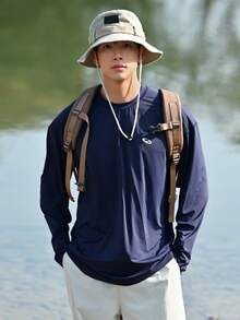 DAZY Spring Letter Print Navy Blue Long Sleeve T-Shirt For Men - Navy Blue - View 1