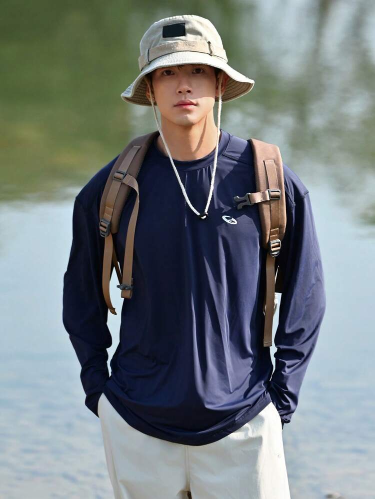 Spring Letter Print Navy Blue Long Sleeve T-Shirt For Men