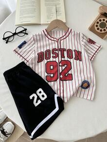 2pcs/Set Young Boy Knit Striped Letter & Number Graphic Casual Shirt And Shorts Set - Multicolor - View 6