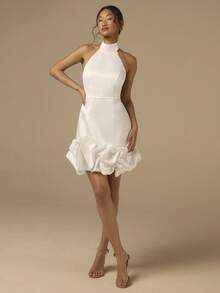 COSMINA Women's White Mini Satin Halter Neck Dress, Bubble Hem Mini Dress, Solid Color Halter Neck Casual Dress For Party, Holiday, Birthday, Wedding Guest,Summer Dresses For Women - White - View 4