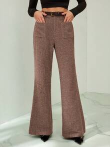 SHEIN Tall 女士格子双口袋休闲皮带复古裤 - 棕色 - 查看 5