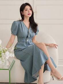 DAZY Women's Casual Washed V-Neck Petal Sleeve Denim Dress, Summer - Blue - View 3