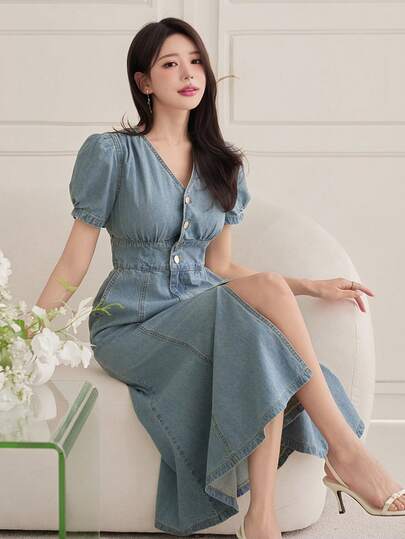 DAZY Women's Casual Washed V-Neck Petal Sleeve Denim Dress, Summer