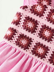 Maija Kids 1 chiếc đầm không tay màu hồng phối lưới, kiểu dáng thanh lịch, thoải mái, dễ thương, nhiều màu sắc, họa tiết hoa móc, thích hợp mặc hàng ngày, đi học, dã ngoại, họp mặt, lễ hội, mùa xuân và mùa hè. - Hồng - Xem 5