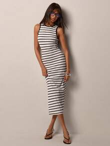 COSMINA Women's Mid-Length Dress, Round Neck Sleeveless Ladies Dress, Summer Women's Dress, Casual Dress, Black And White Striped Women's Dress, Suitable For Summer Daily Wear And Commuting - Black and White - View 4