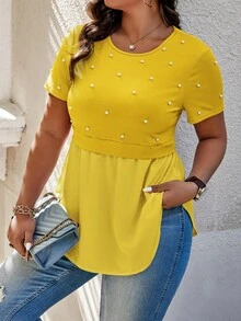 Elenzga Áo thun tay ngắn cổ tròn màu vàng đính ngọc trai cỡ lớn - Màu vàng - Xem 5