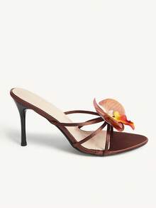 CUCCOO CHICEST Giày sandal cao gót mũi nhọn mỏng màu nâu cà phê họa tiết hoa, thời trang thanh lịch dành cho nữ, mẫu mới mùa hè. - Cà phê nâu - Xem 9