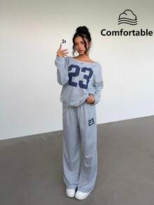 Aloruh 2pcs/Set Women Casual Numeric Print Long Sleeve Top And Long Pants Set - Grey - View 2