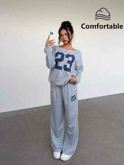 Aloruh 女士数字印花落肩卫衣和休闲长裤两件套