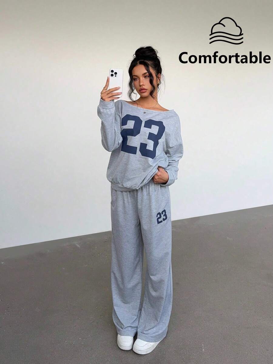 Aloruh 2pcs/Set Women Casual Numeric Print Long Sleeve Top And Long Pants Set