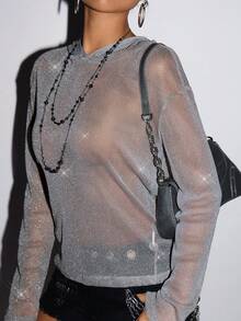 SHEIN ICON Women's Street Style Sheer Sparkly Drop Shoulder Hoodie - Grey - View 7