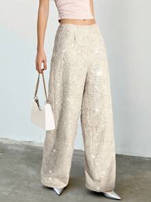 SHEIN Tall 女士时尚通勤亮片阔腿裤 - 米色 - 查看 1