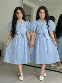 SHEIN Tween Girl Spring/Summer Collared Button-Up Long Cardigan Dress With Pearl Decor Sash - Blue - View 1