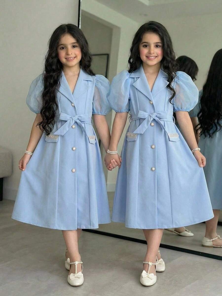 SHEIN Tween Girl Spring/Summer Collared Button-Up Long Cardigan Dress With Pearl Decor Sash - Blue - View 1