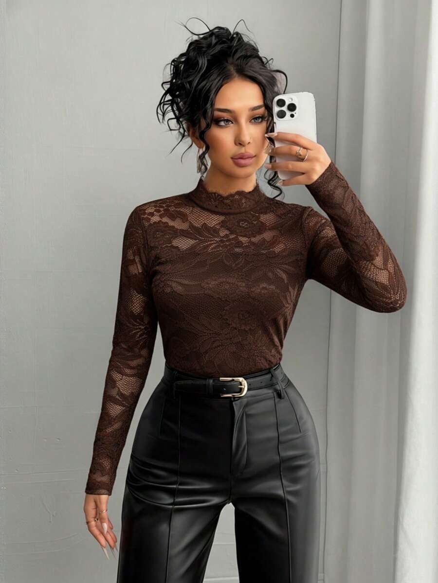 Rafferiza 女士优雅蕾丝透视性感T恤 - 咖啡棕 - 查看 1