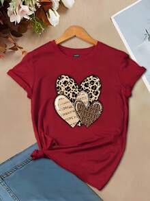 INAWLY 浪漫可爱心形印花休闲女式 T 恤新年衣服图案猎豹印花 T 恤女式上衣 - 紅色 - 查看 1