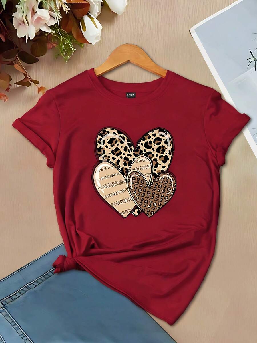 INAWLY 浪漫可爱心形印花休闲女式 T 恤新年衣服图案猎豹印花 T 恤女式上衣 - 紅色 - 查看 1