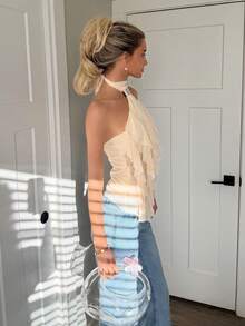 Sydney Algeri 女士优雅多层荷叶边立领修身背心 - 米色 - 查看 6