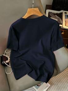 EMERY ROSE Camiseta de mujer de cuello redondo casual con lazo 3D y manga corta, estilo de verano, talla grande - Azul Marino - Ver 2