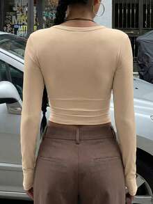 INAWLY Women's Solid Color Round Neck Long Sleeve Casual T-Shirt For Spring And Summer Fall Cloth For Women - Apricot - View 2