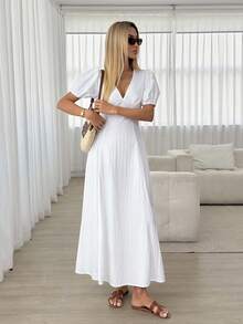 Easowa Váy nữ phong cách Pháp thanh lịch màu trắng trơn cổ chữ V tay cánh hoa, váy mặc đi chơi mùa hè, váy dạo phố thường ngày cho nữ, váy thanh lịch cho nữ, váy lễ tốt nghiệp, váy tiệc trà, trang phục kín đáo cho nữ, váy dã ngoại cho nữ, váy thường ngày cho nữ, trang phục đi nghỉ Hy Lạp cho nữ, váy thời thượng cho nữ, đồ đi resort cho nữ, váy đi nghỉ cho nữ, trang phục tiệc thanh lịch, váy mới về cho nữ, váy thường ngày cho nữ - Trắng ngà - Xem 4