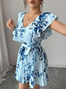 Elenzga Ruffle Sleeve V-Neck Cinched Waist A-Line Floral Print Vacation Elegant Romantic Dress For Women - Multicolor - View 3
