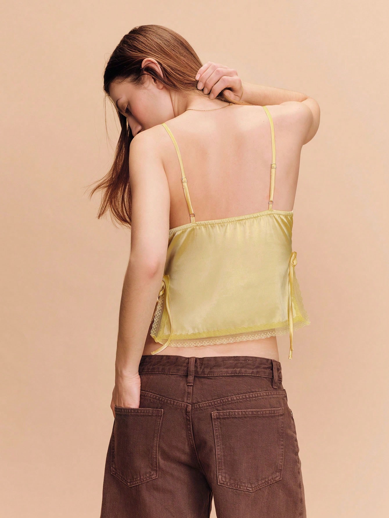 Satin Cami With Lateral Slits And Lace Inserts Spring Summer French Style Parisian Style Yellow Satin Top Going Out Night Out Top Cami Tops For Women Spaghetti Tops For Women Summer Tops For Women Elegant