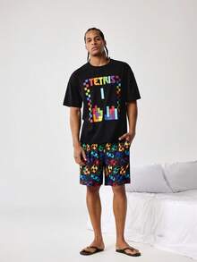 Tetris™ X SHEIN 男士宽松圆领短袖T恤和短裤睡衣套装，设计 - 黑色 - 查看 3