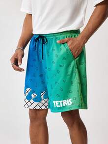 Tetris™ X SHEIN 男士抽绳腰带口袋字母印花休闲百搭日常短裤 - 綠色 - 查看 5