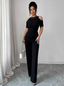 Elenzya Mono elegante de mujer con hombros descubiertos y decoración de perlas falsas, adecuado para primavera, verano y otoño, para uso diario, ir al trabajo y citas - Negro - Ver 4