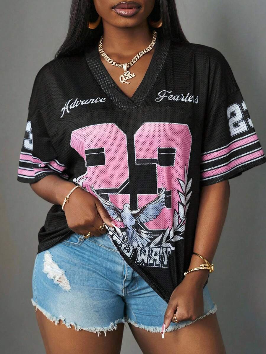 Slaydiva 新款春夏休闲街头风V领落肩七分袖23条纹印花藏蓝色撞色粉色网眼印花女式加大码T恤-B，夏季上衣女式上衣和衬衫Y2K衬衫女士服装拉链针织衫 - 黑色 - 查看 1