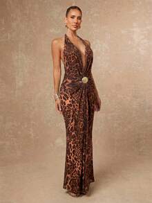 Lumalex Gaun Wanita Tanpa Lengan Leher V dengan Pinggang Berkerut dan Motif Leopard - Coklat - View 6